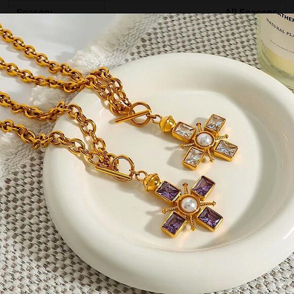 Crystal Pearl Cross Pendant Necklace Stainless Steel Gold Plated - Picture 8 of 9